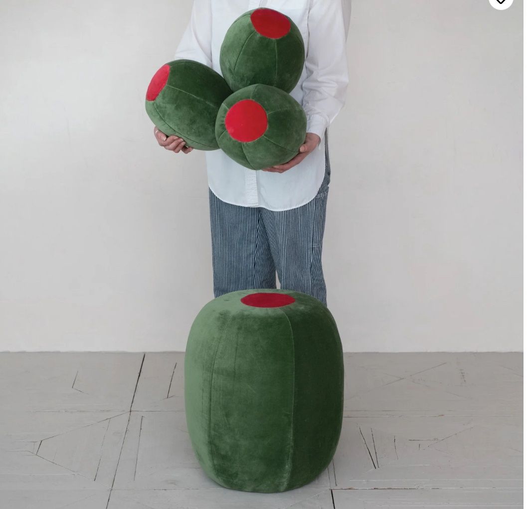 Cotton Velvet Upholstered Olive Shaped Stool, Green &amp; Red