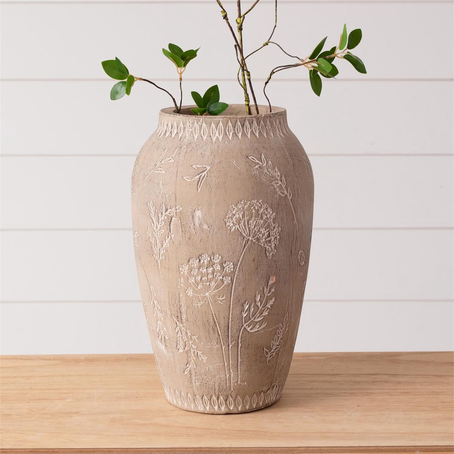 Embossed Botanical Vase 15&quot;H x 8.5&quot;W (7&quot; mouth)