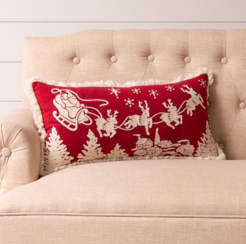 Lumbar Pillow - Embroidered Santa&#39;s Sleigh