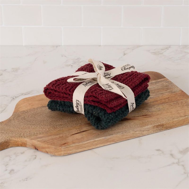 Knitted Dish Cloth Set (2 pc.) Burgundy &amp; Forest Green