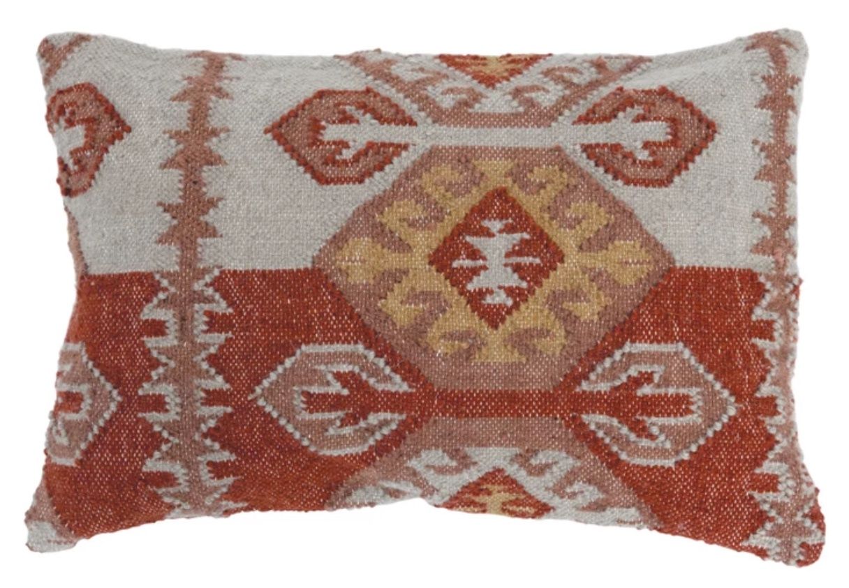 24" x 16" Woven Wool Blend Kilim Lumbar Pillow w/ Ikat Pattern, Polyester Fill