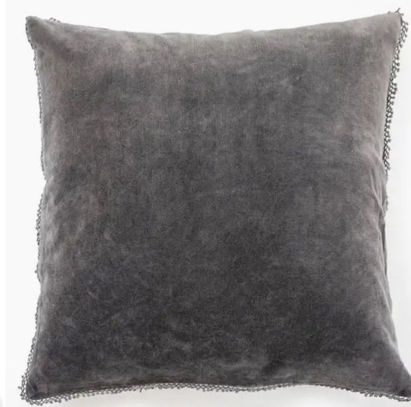 Ash Velvet Pillow W/Poms