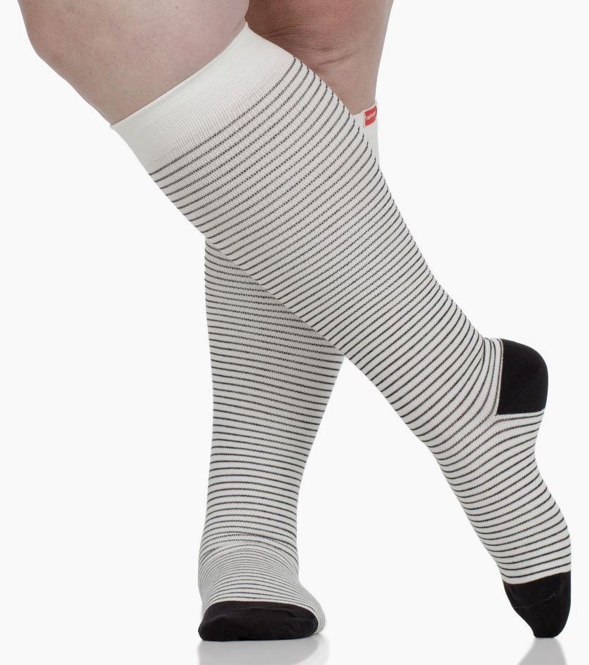 Cotton Compression Socks Pinstripe Cream &amp; Black S/M