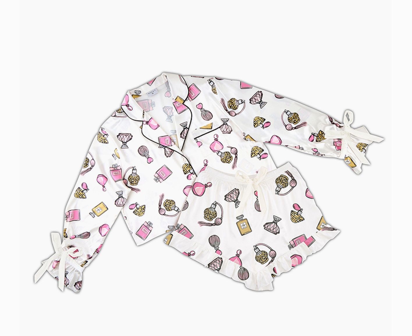 Satin Velvet Bow Two-Piece Pj Set - Perfume Bottles - Medium