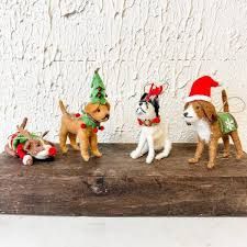 Wool Dog Ornament W/Santa Hat and Snowflake