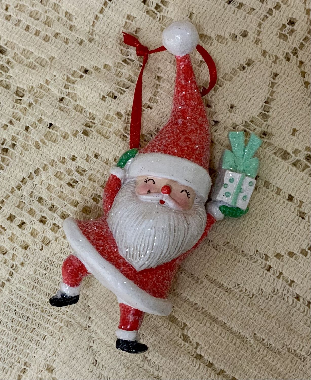 Sugar Sparkle Santa Ornament With Present