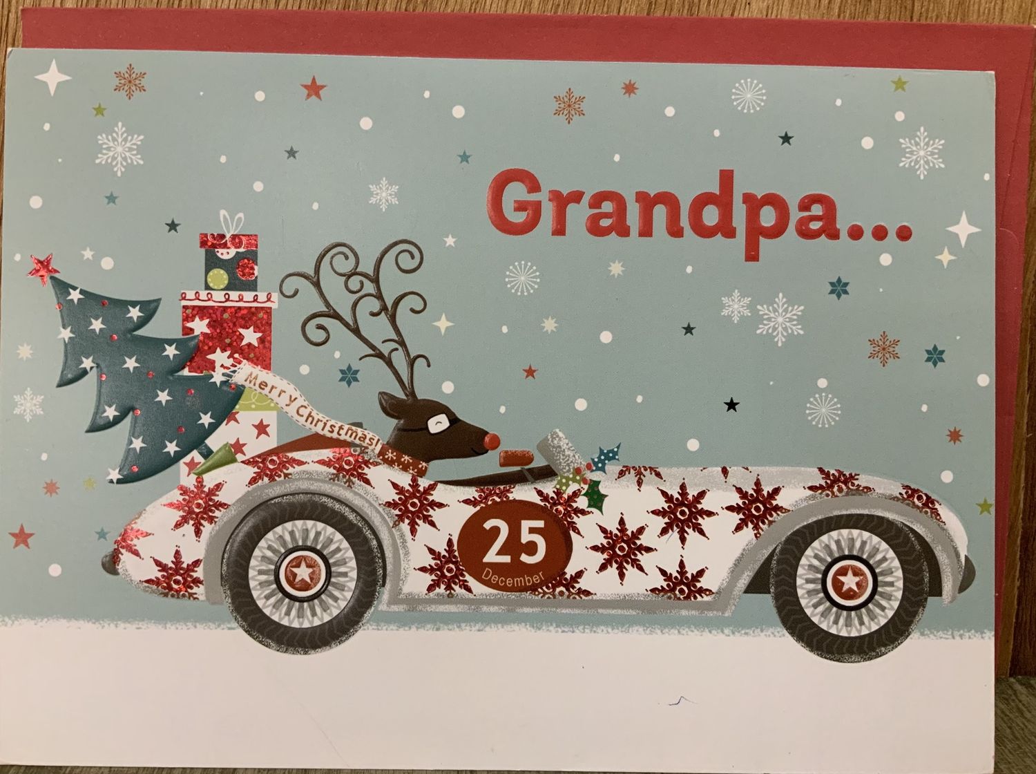 Grandpa - Embossed Foil Christmas Card - Reindeer in Race Car