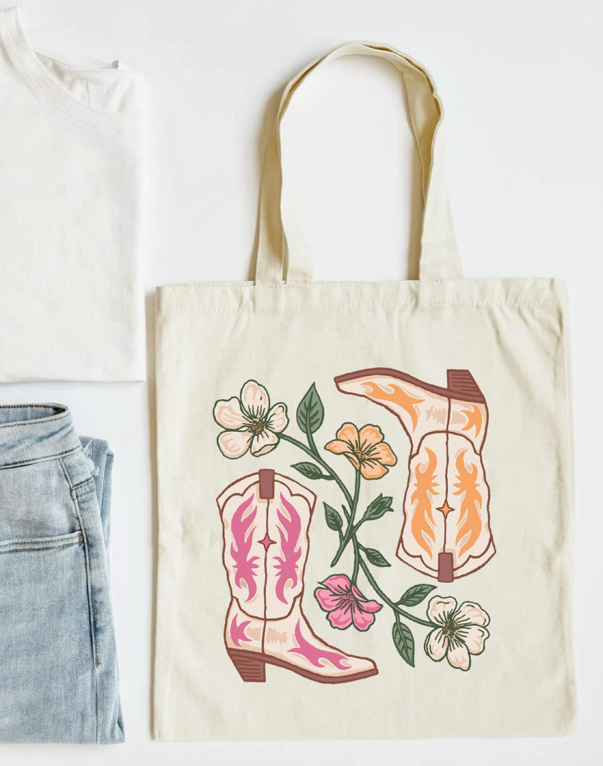 Cowgirl Boots Tote Bag Pink Western Floral