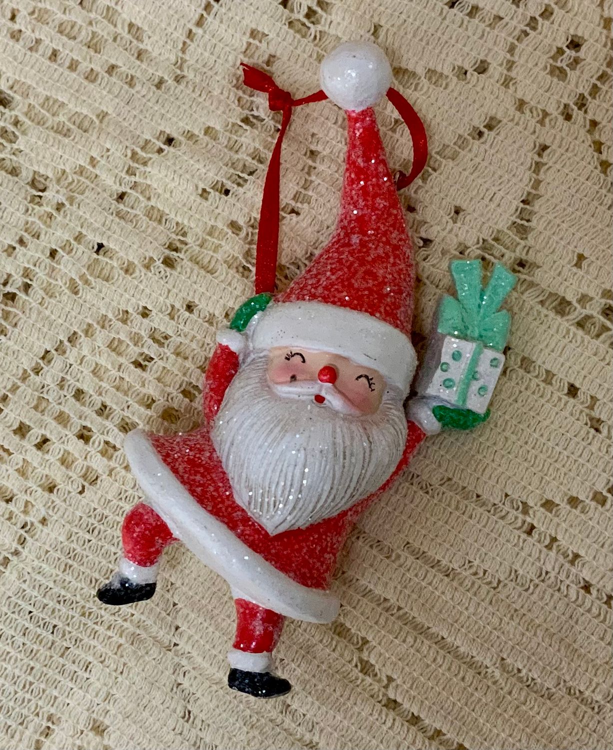 Sugar Sparkle Santa Ornament With Present