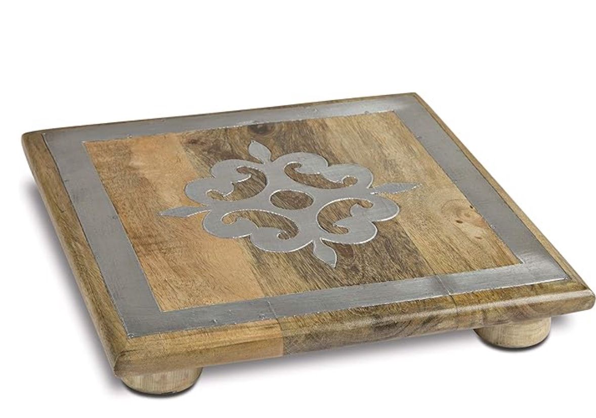 10-Inch Square Metal Inlaid-Detail Footed Wood Trivet