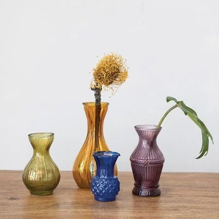 Dark Green Debossed Glass Vase 4.25" H