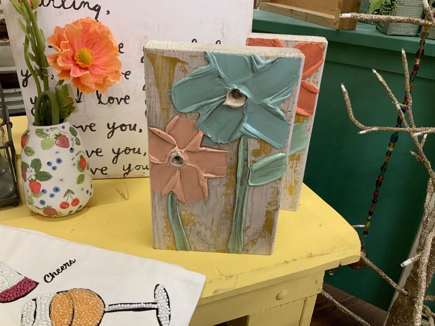 Hand Painted Block Two Flowers