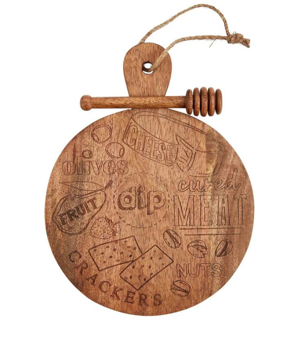 10.75" Mini Charcuterie Round Mango Wood Board Set with Dipper