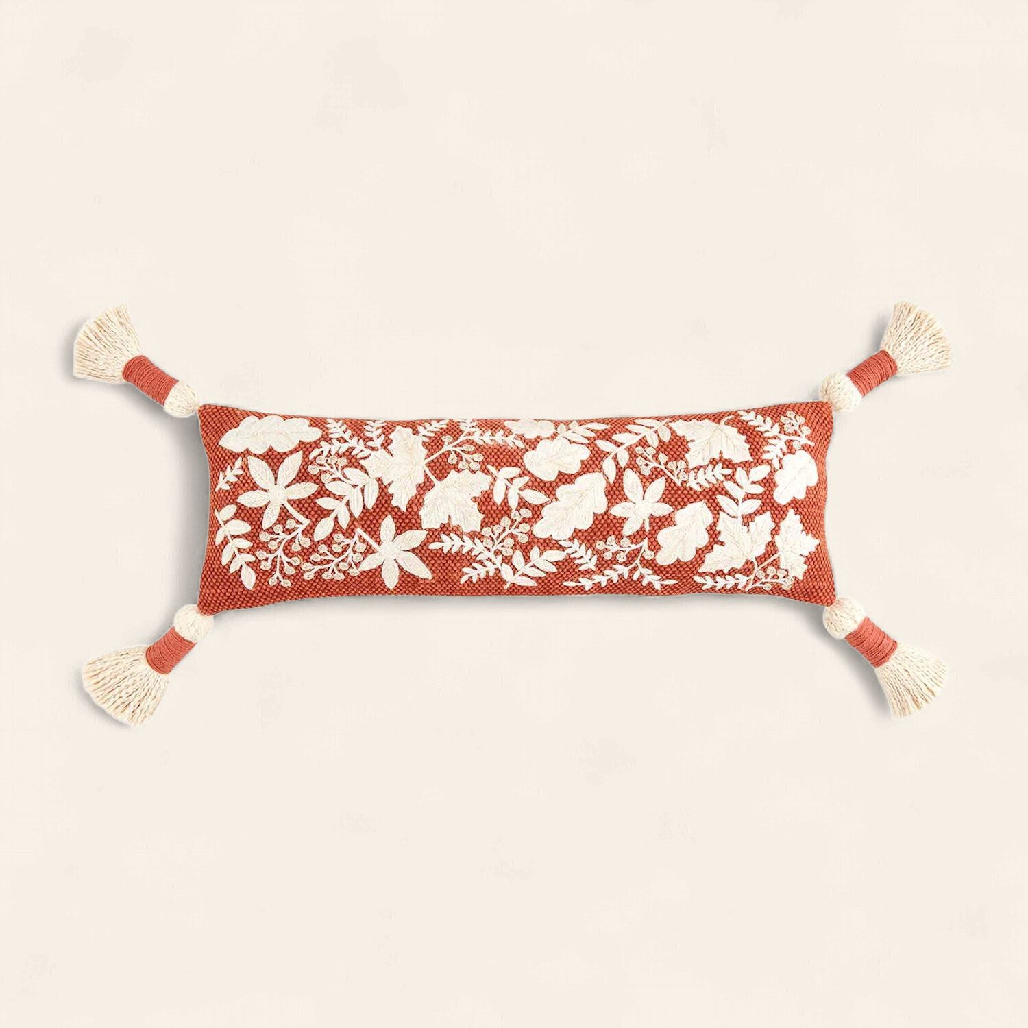 Rust Leaf Embroidered Long Pillow