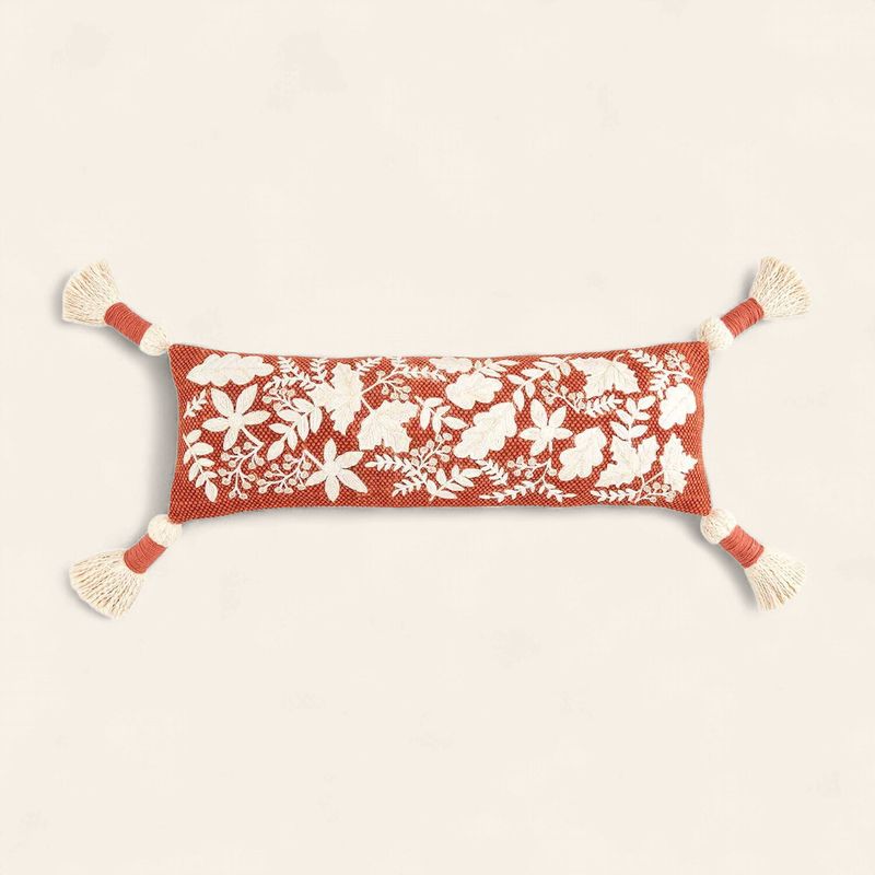 Rust Leaf Embroidered Long Pillow