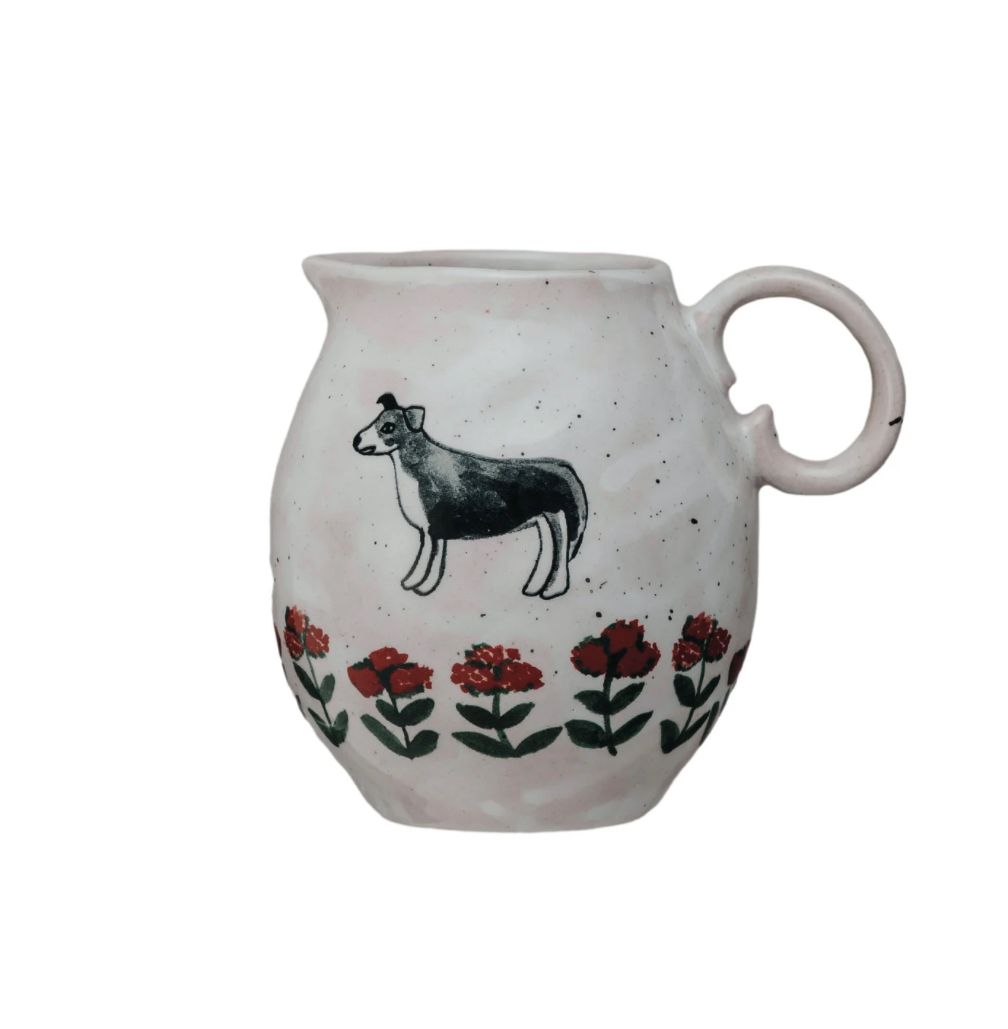 10 oz. Hand-Painted Stoneware Creamer with Dog &amp; Flowers