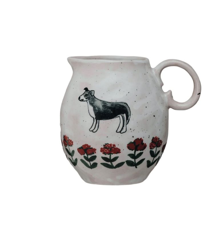 10 oz. Hand-Painted Stoneware Creamer with Dog &amp; Flowers