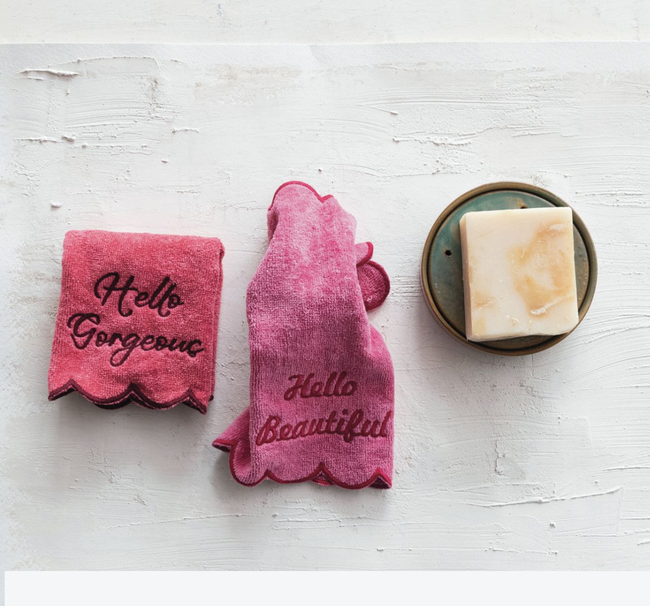 Cotton Terry Wash Cloths w/ Embroidered Saying &amp; Scalloped Edge, Set of 2