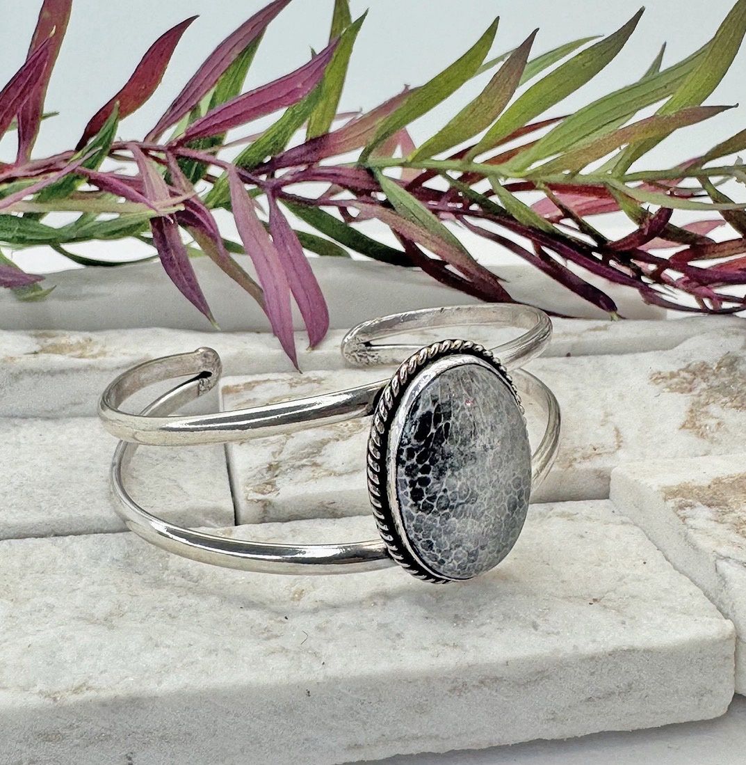 Stone Cuff Bracelet Black Fossil Coral