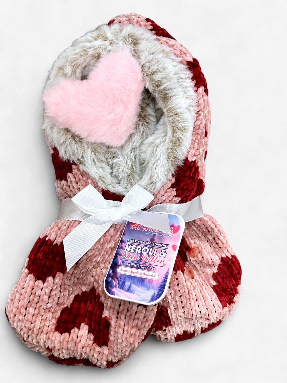 Aromasoles Pashmina-Like Fur Lined Slippers Red/Pink Hearts