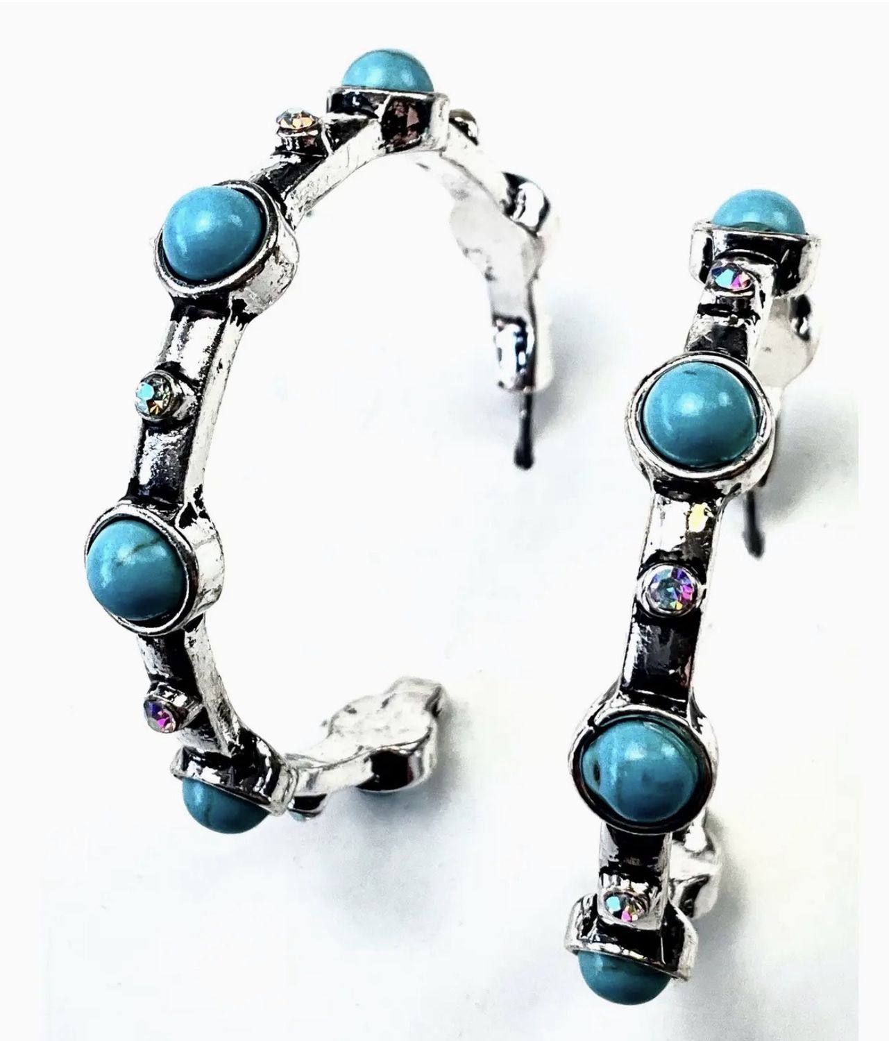 Bezeled Turquoise Crystal Hoops