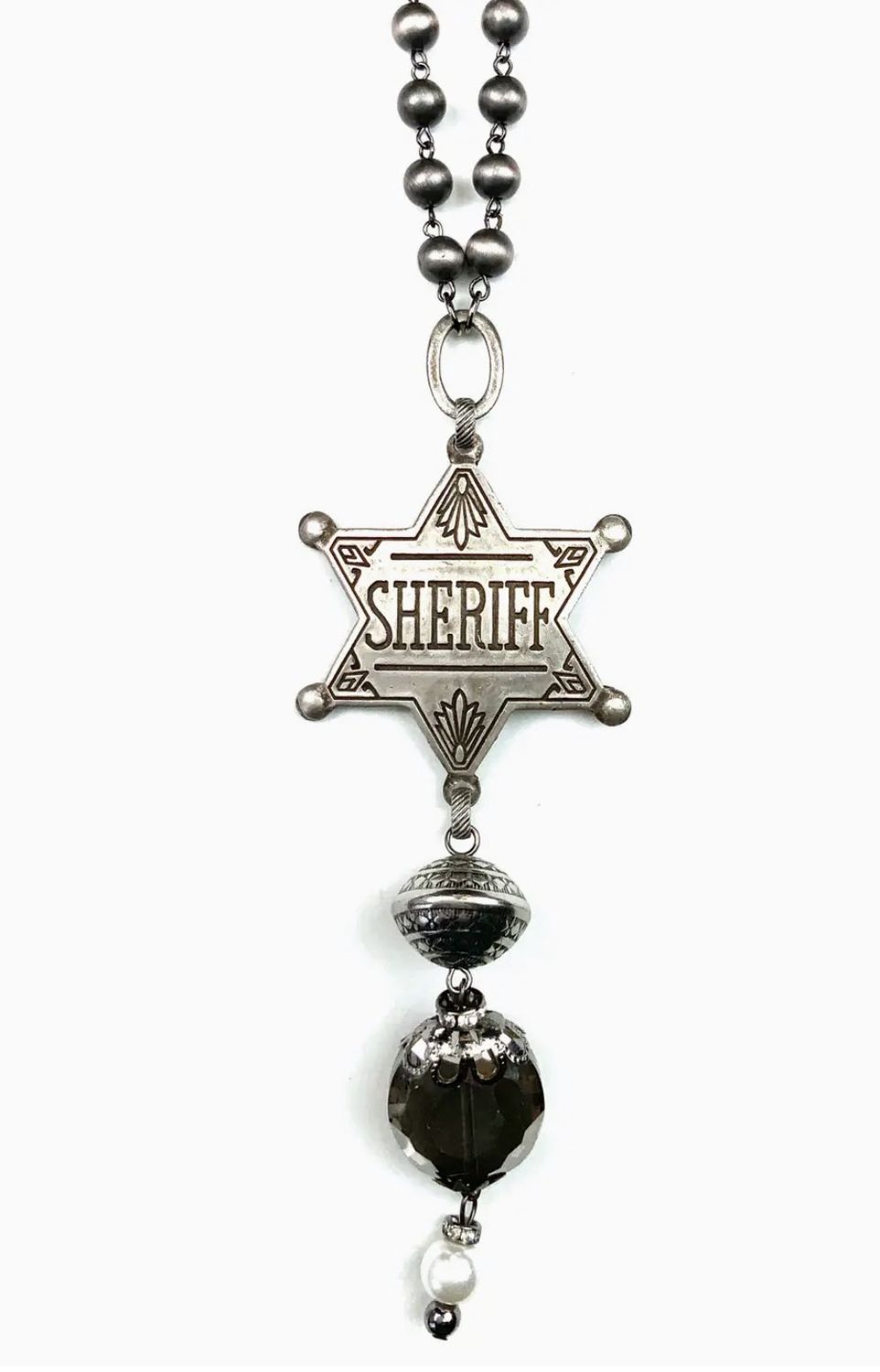 Medium Sheriff Badge On Rosary Chain Pendant Necklace