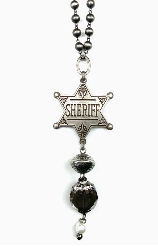 Medium Sheriff Badge On Rosary Chain Pendant Necklace