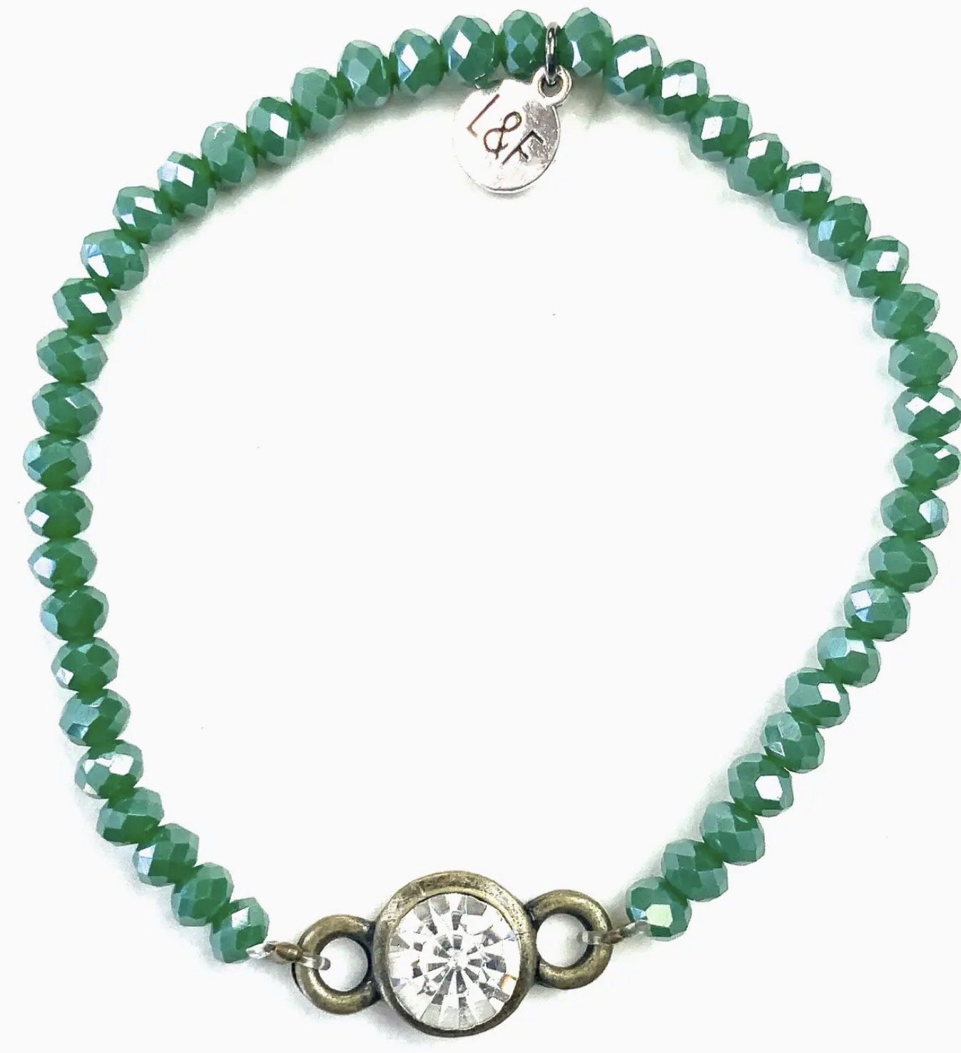 Faceted Glass Stretch &amp; Crystal Deep Green Beaded Bracelet