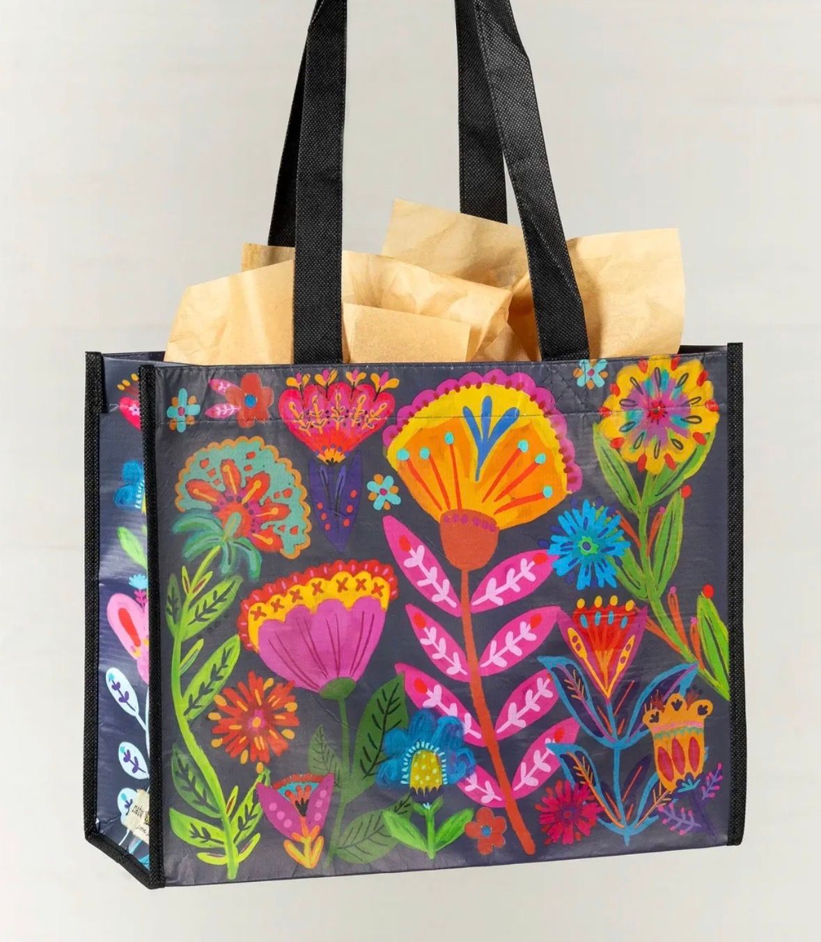 Navy Folk Flower Happy Bag L