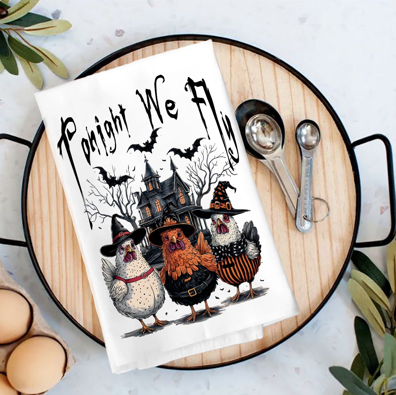 Halloween Chickens Tonight We Fly Tea Towel
