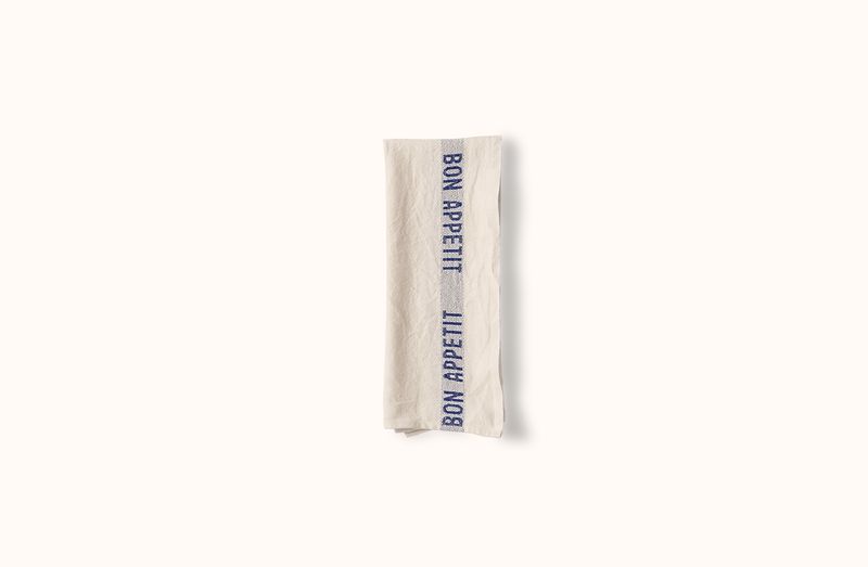 CHARVET WHITE AND BLUE BON APPETIT LINEN KITCHEN TOWEL