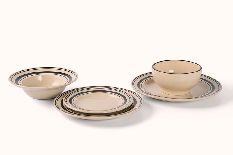 JOHN JULIAN BLACK LINEN STRIPE STONEWEAR DINNERWARE