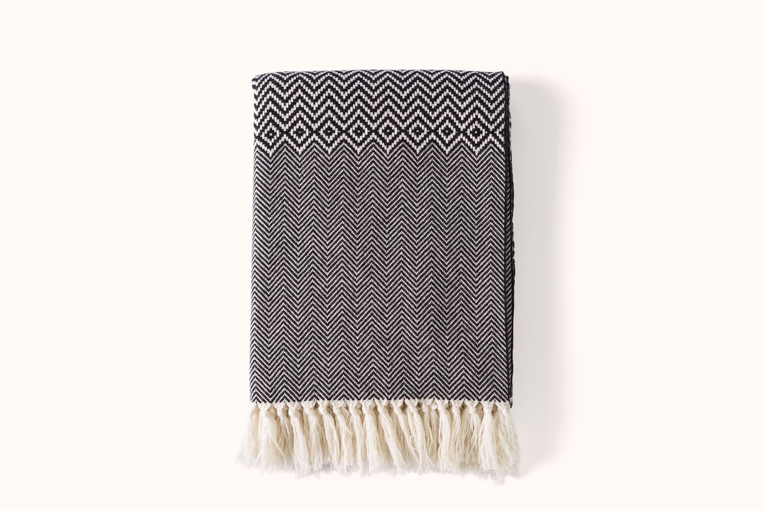 ALONPI BLACK AND ECRU GEOMETRIC PATTERN CASHMERE THROW