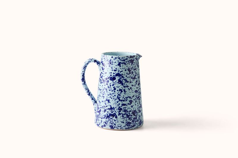 BLUE ON BLUE SPLATTERWARE WATER PITCHER