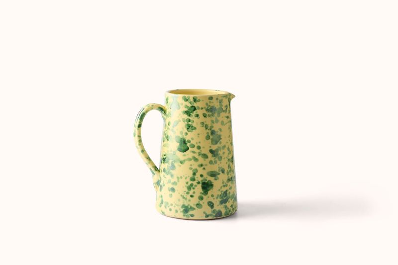 GREEN ON YELLOW SPLATTERWARE WATER PITCHER