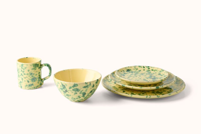 GREEN ON YELLOW SPLATTERWARE DINNERWARE