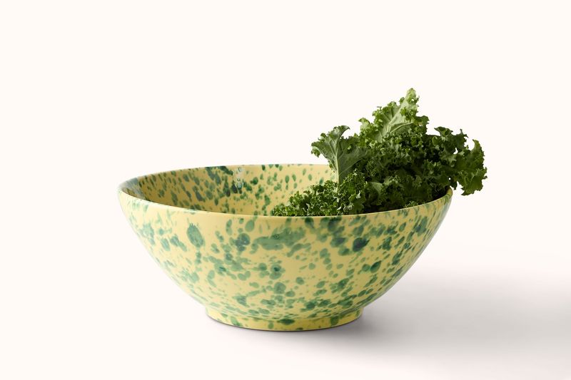 GREEN ON YELLOW SPLATTERWARE SALAD BOWL