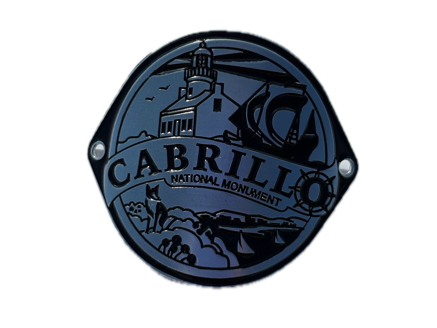 CABRILLO NATIONAL MONUMENT ETCHED SILVER WALKING STICK MEDALLION