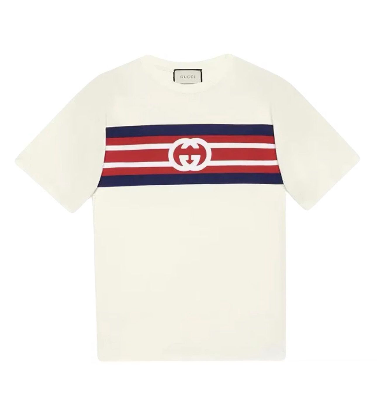 Gucci Interlocking G Striped Tee Ivory Navy Red