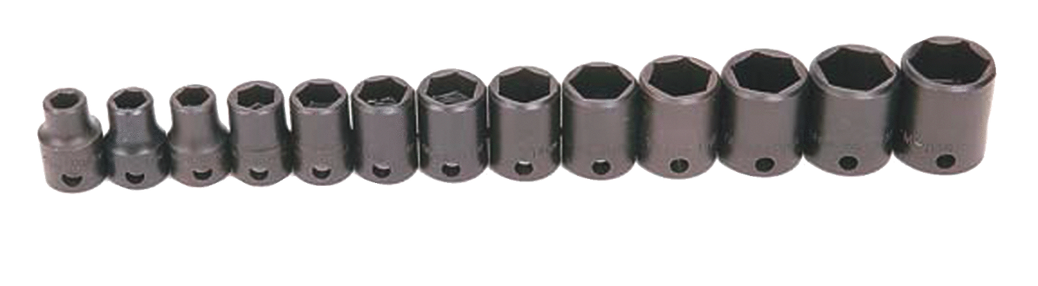 3/8&quot; Drive Shallow Impact Socket Set, 6-Point, Metric, 13 Pieces, Clip &amp; Rails — Williams Industrial Tools (JHWMS-2-13H)