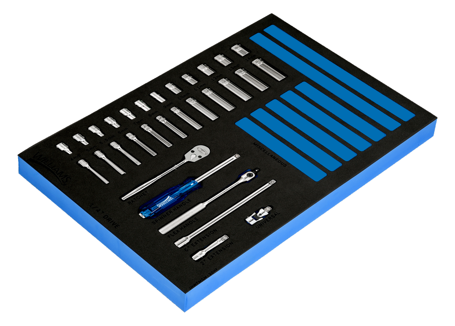 30-Piece 1/4&quot; Drive 6-Point Metric Shallow &amp; Deep Sockets &amp; Drive Tool Set in 1/3 Foam Drawer Insert — Williams Industrial Tools (JHWFMSM-30HF)