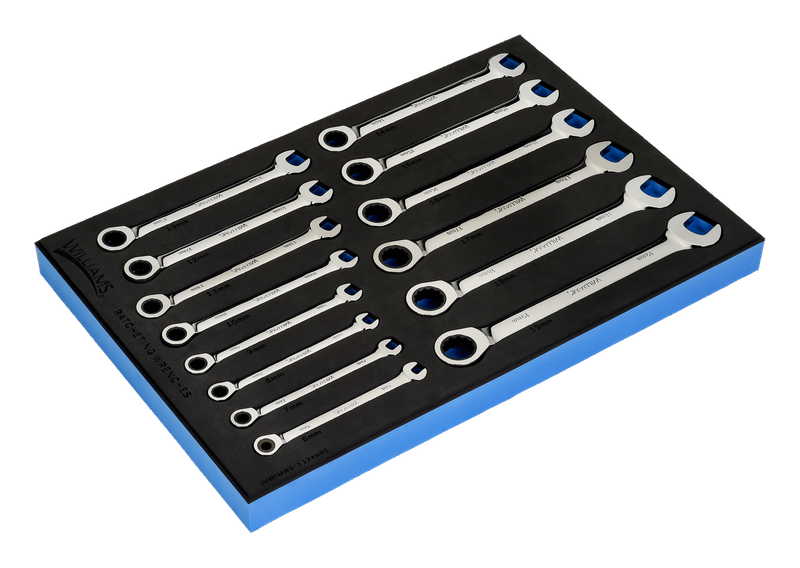 14-Piece Metric Ratcheting Combination Wrench Set (8–19 mm) — Williams Industrial Tools (JHWFMWS-1124NRC)