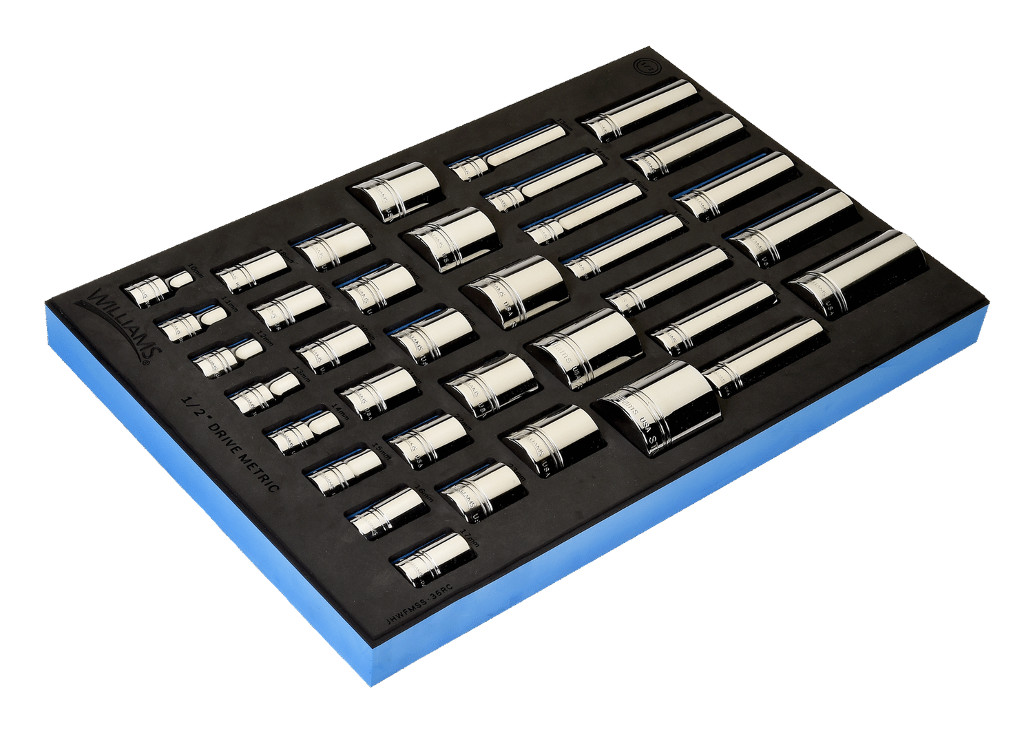 36-Piece 1/2&quot; Drive 12-Point Metric Shallow &amp; Deep Socket Set in 1/3 Foam Drawer Insert — Williams Industrial Tools (JHWFMSM-36RC)