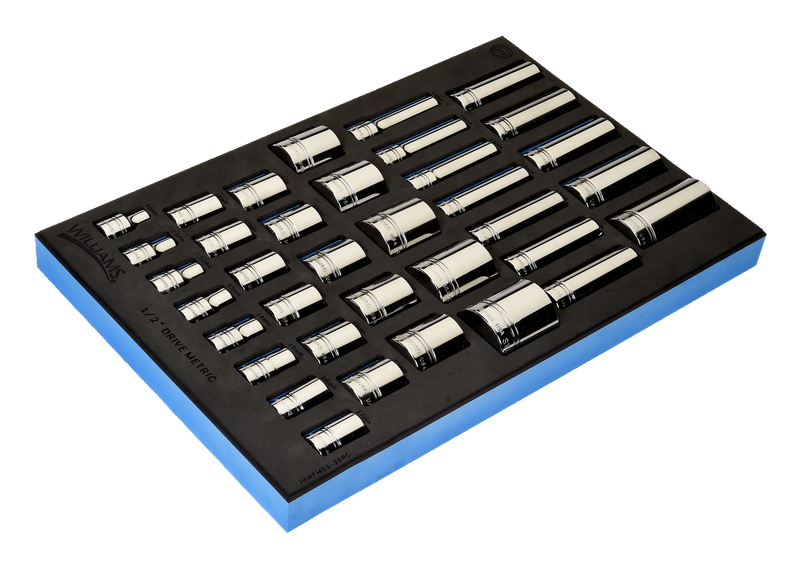 36-Piece 1/2&quot; Drive 12-Point Metric Shallow &amp; Deep Socket Set in 1/3 Foam Drawer Insert — Williams Industrial Tools (JHWFMSM-36RC)