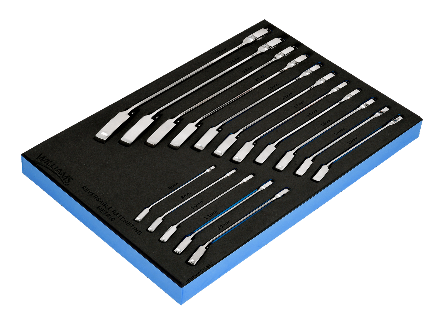 16-Piece Metric Ratcheting Combination Wrench Set in 1/3 Foam Drawer Insert (8–25 mm) — Williams Industrial Tools (JHWFMWS-16RC)