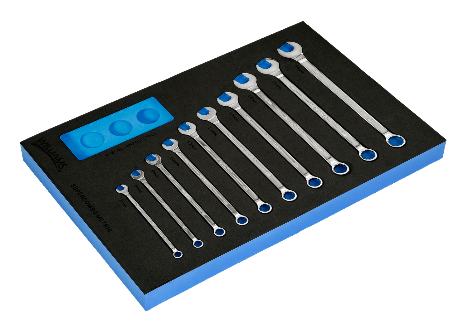 10-Piece Metric 12-Point SUPERCOMBO® Combination Wrench Set in 1/3 Foam Drawer Insert (7–16 mm) — Williams Industrial Tools (JHWFMWS-18A1)