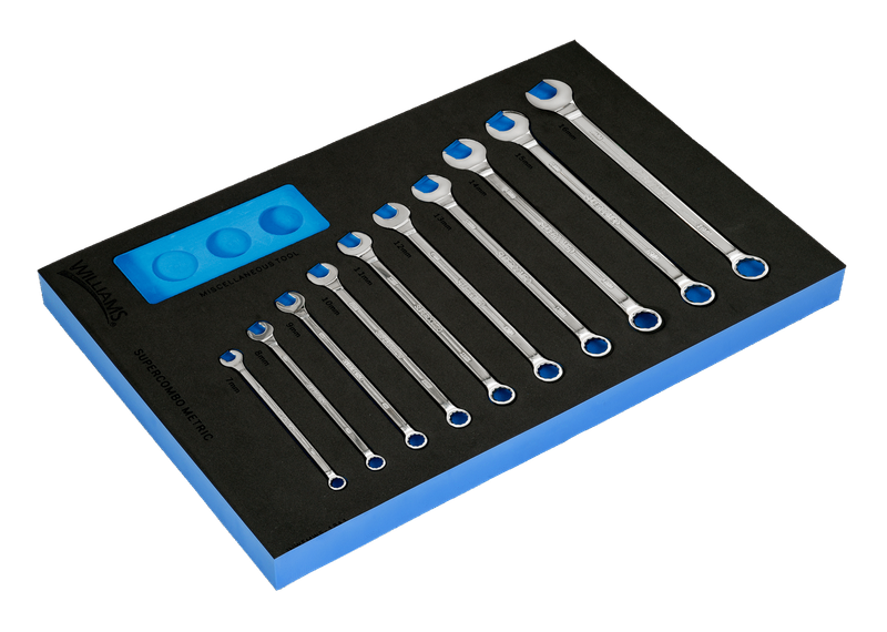10-Piece Metric 12-Point SUPERCOMBO® Combination Wrench Set in 1/3 Foam Drawer Insert (7–16 mm) — Williams Industrial Tools (JHWFMWS-18A1)