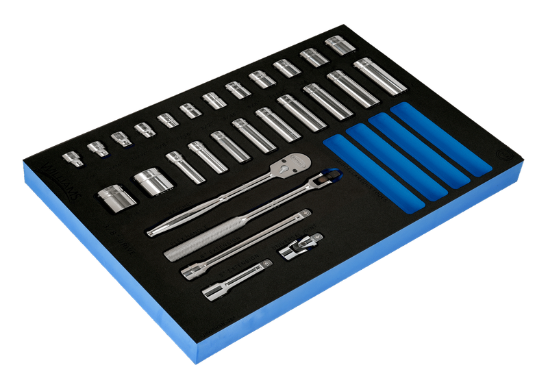 28-Piece 3/8&quot; Drive 12-Point SAE Shallow &amp; Deep Socket and Drive Tool Set in 1/3 Foam Drawer Insert — Williams Industrial Tools (JHWFWSB-28F)