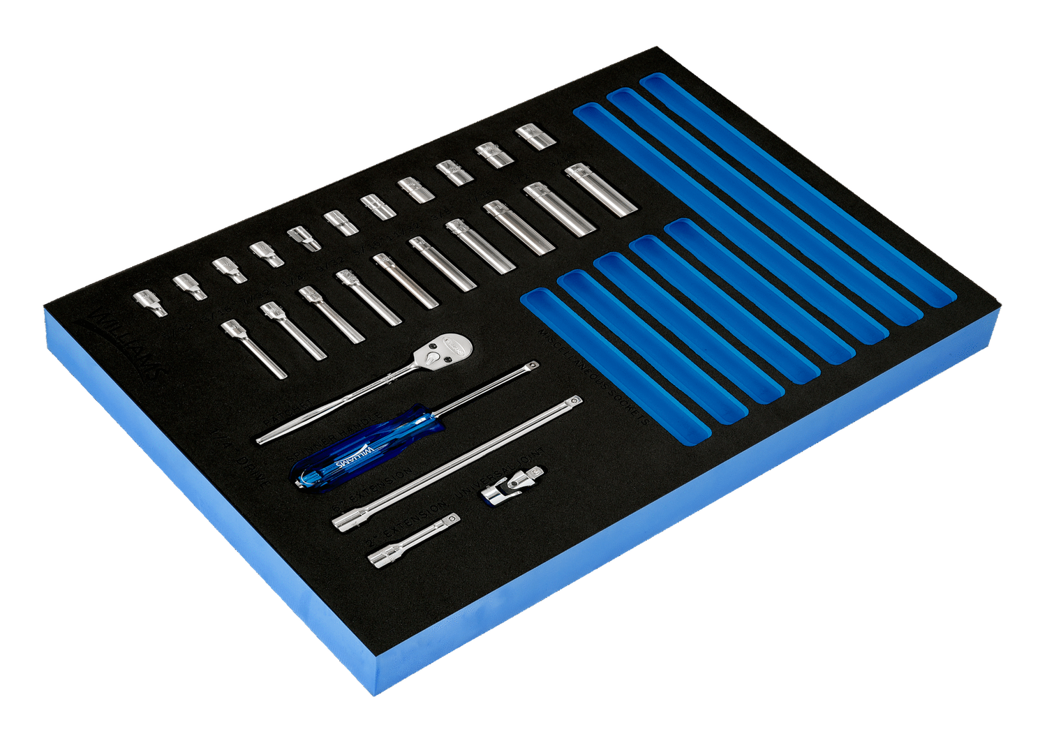 26-Piece 1/4&quot; Drive 6-Point SAE Standard Socket and Drive Tool Set in 1/3 Foam Drawer Insert — Williams Industrial Tools (JHWFWSM-26HF)