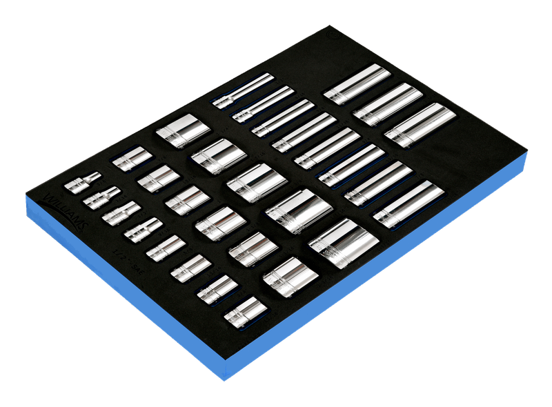30-Piece 1/2&quot; Drive 12-Point SAE Shallow &amp; Deep Socket Set in 1/3 Foam Drawer Insert — Williams Industrial Tools (JHWFWSS-30RC)